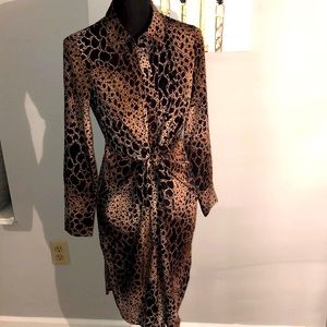 NWT ALFANI career dress print black & brown long sleeve, knot waist